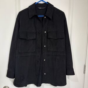 Zara Black Utility Faux Suede Over Shirt Shacket w/Pockets - Oversized Fit - XS